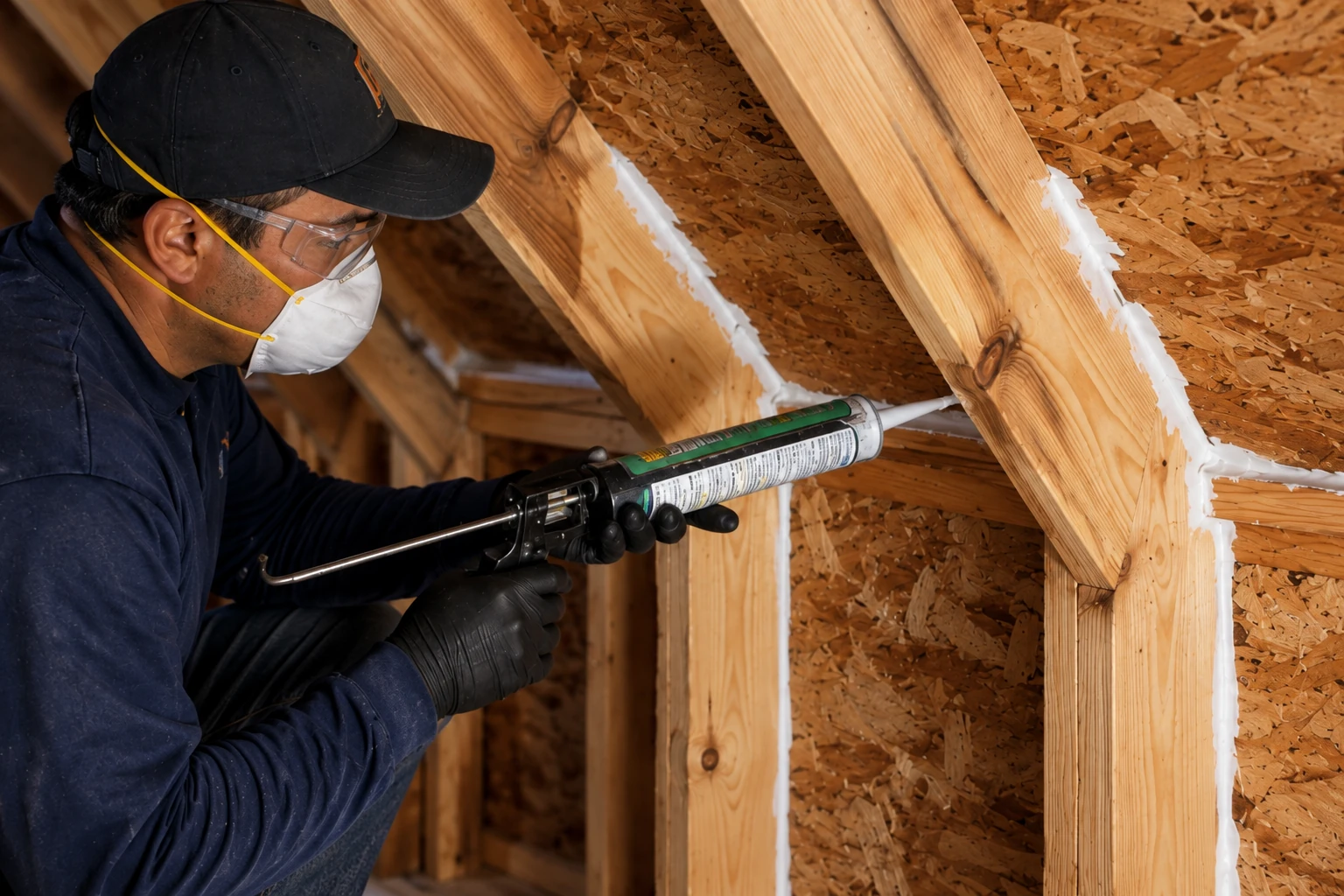 Worker applies white sealant along wooden roof framing joints with a caulking gun.