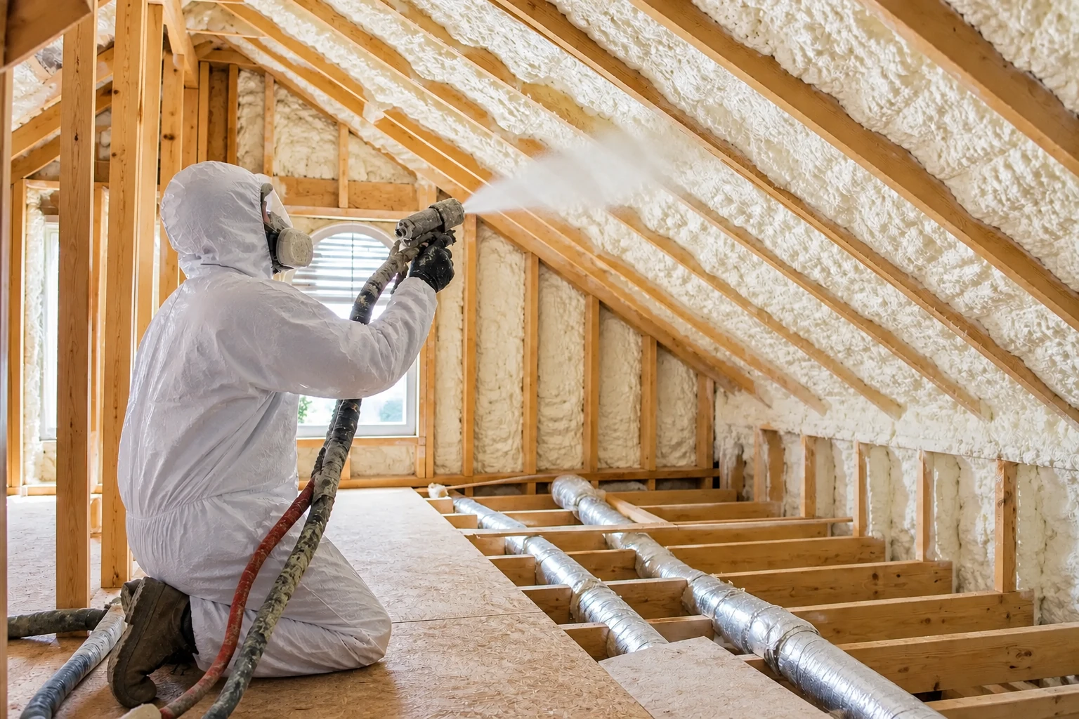 A worker in protective clothing sprays foam insulation along the sloped rafters of an unfinished attic.