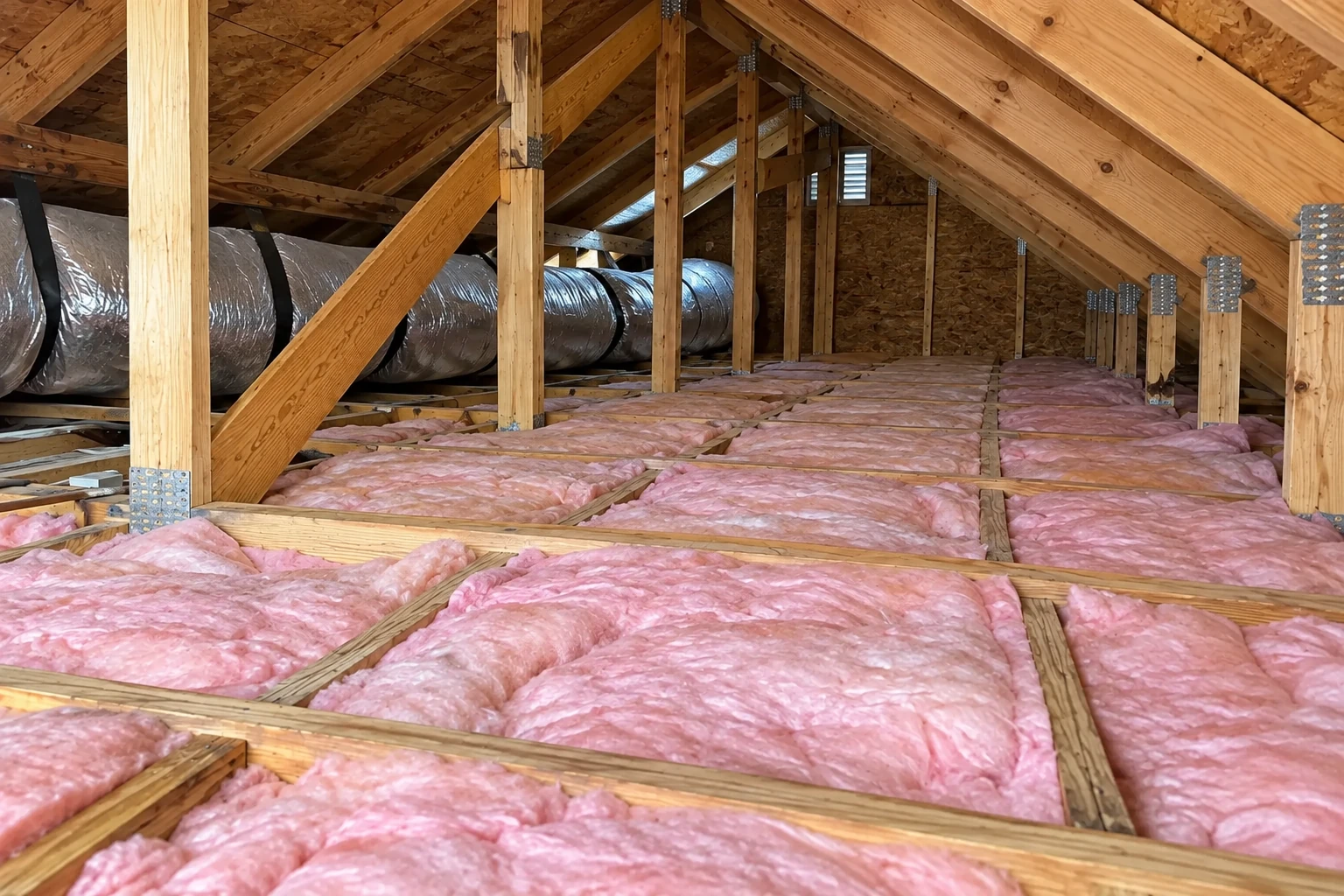 Pink fiberglass batts fill the floor joist spaces of a wooden attic beneath exposed rafters and a large flexible duct.