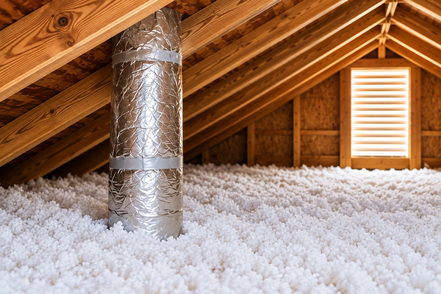 Loose white attic insulation covers the floor beneath exposed wooden rafters, with a silver ventilation duct in the foreground.