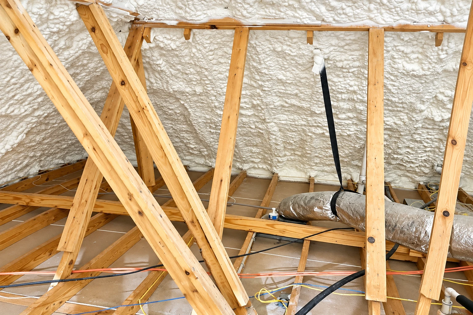 Exposed attic rafters stand beneath a roof coated in white spray foam, with a silver duct and wiring below.