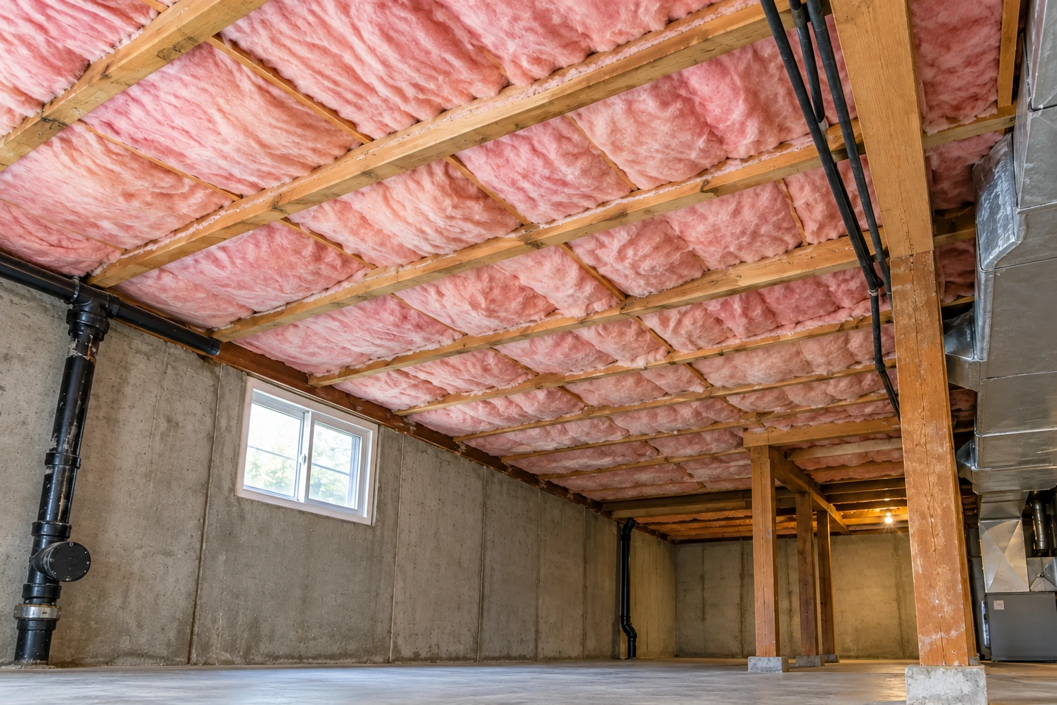 Basement ceiling joists filled with pink fiberglass insulation above a concrete floor, with pipes and ductwork nearby.