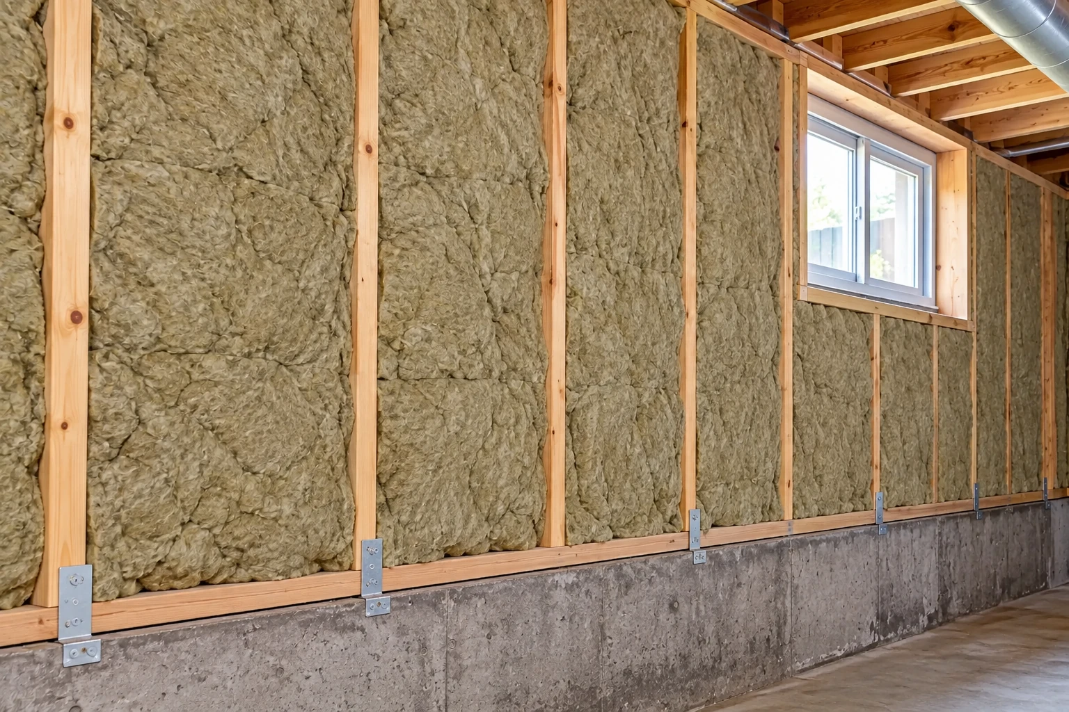 Gray wall insulation fills the spaces between wooden studs above a concrete basement foundation, beside a window.