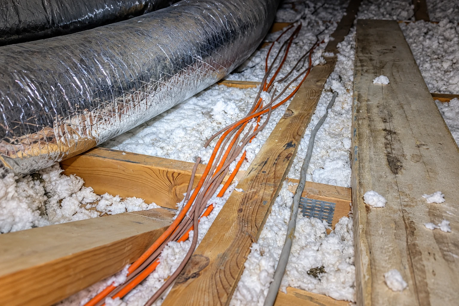 Loose white blown-in insulation surrounds exposed attic joists, orange cables, and a large foil-wrapped duct.