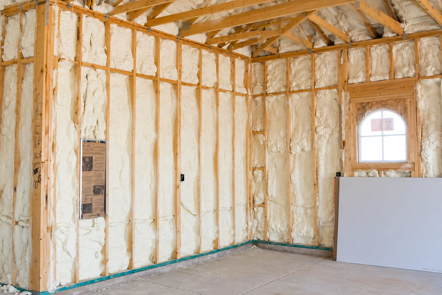White spray foam fills the wall cavities of an unfinished room with exposed wooden framing and a small arched window.