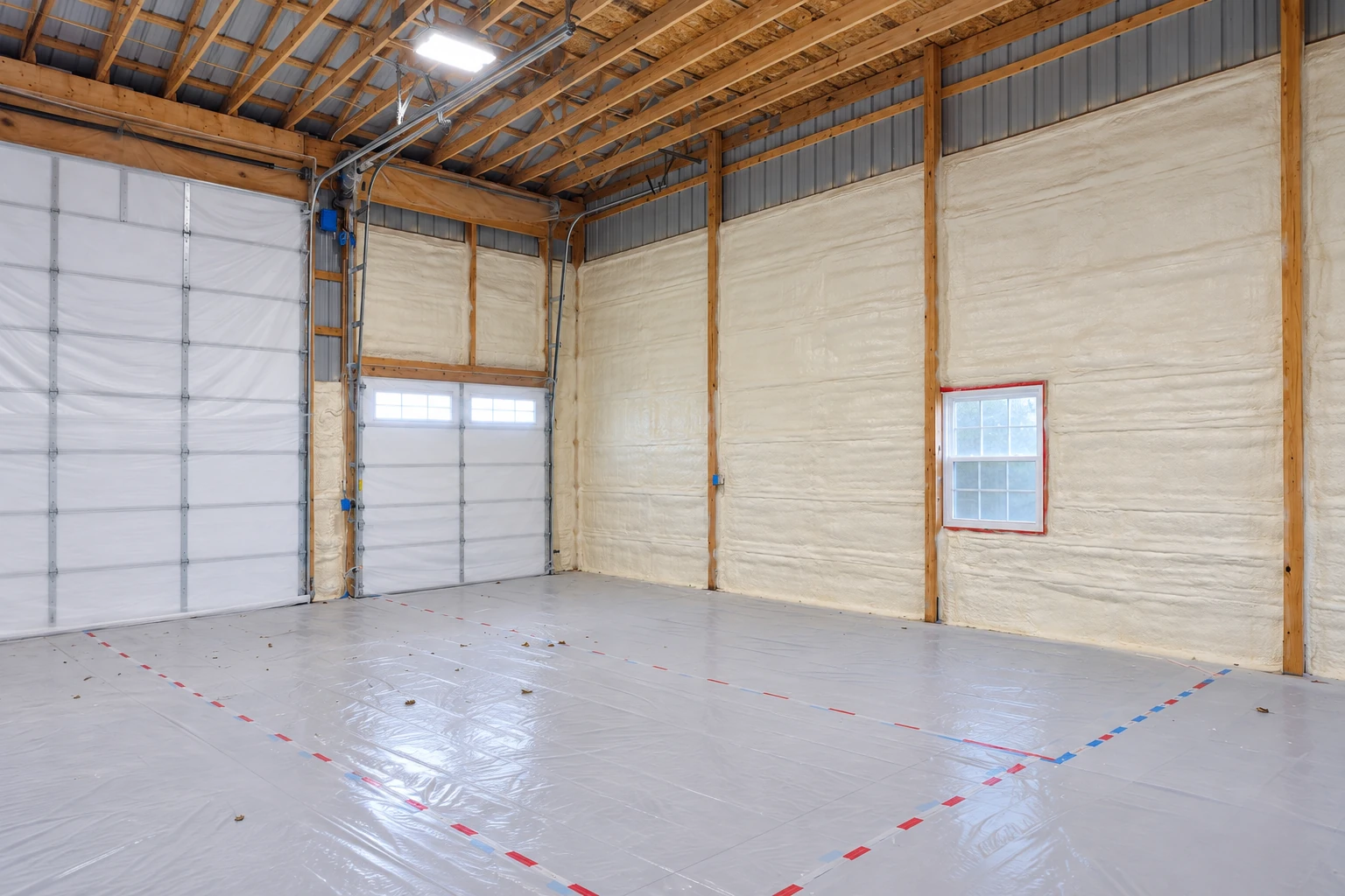 Commercial insulation coats the walls of a large unfinished garage, with exposed roof trusses and plastic covering the floor.
