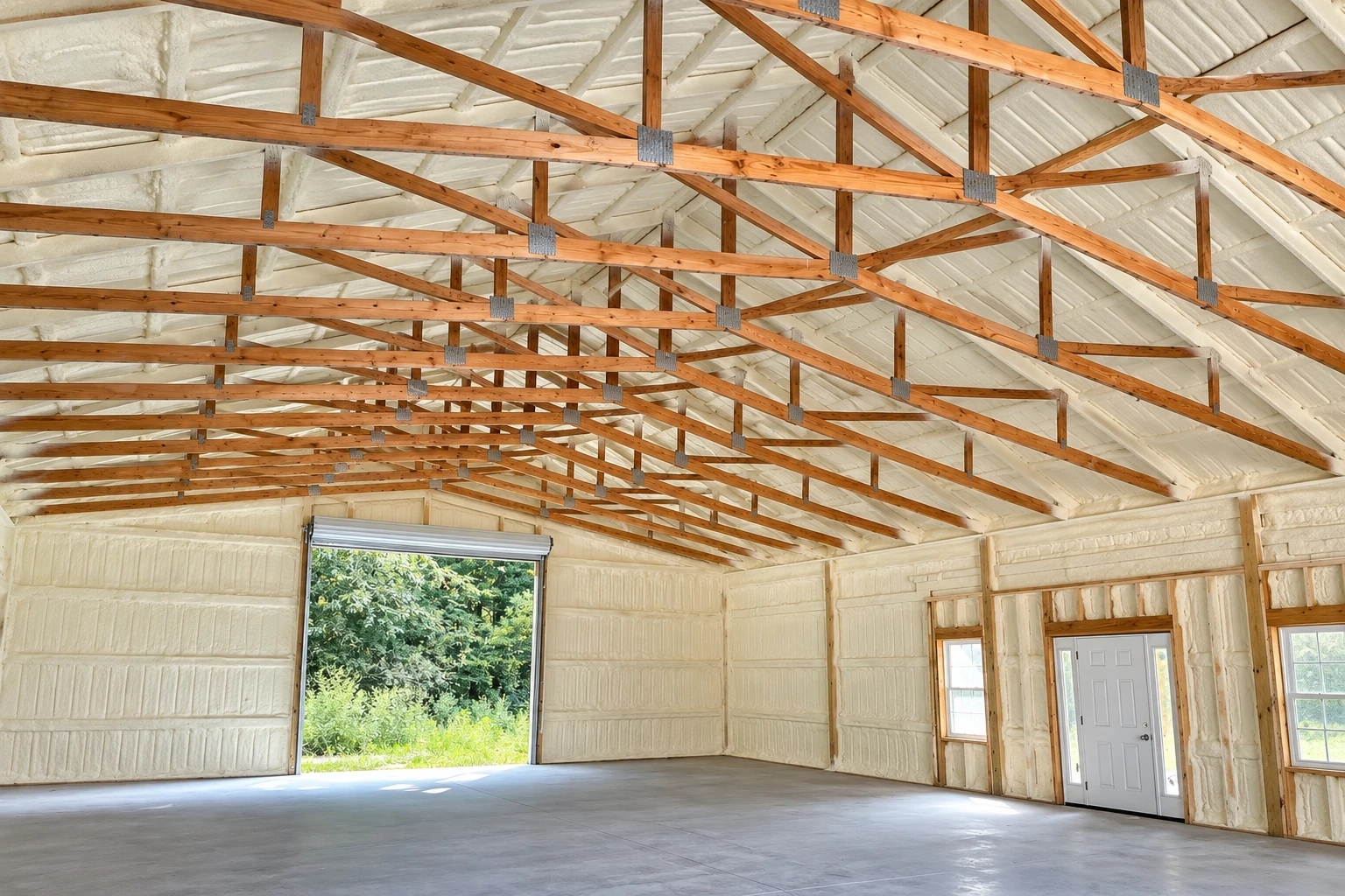A large commercial building interior has white spray foam covering its walls and roof beneath exposed wooden trusses.