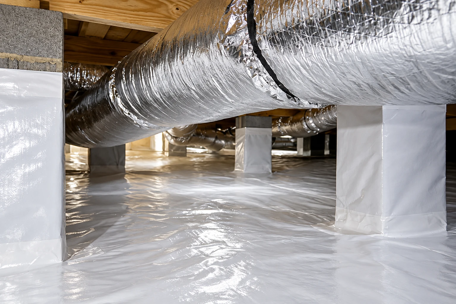 Crawl space with a white floor vapor barrier, wrapped support columns, and large silver insulated ducts beneath wooden joists.
