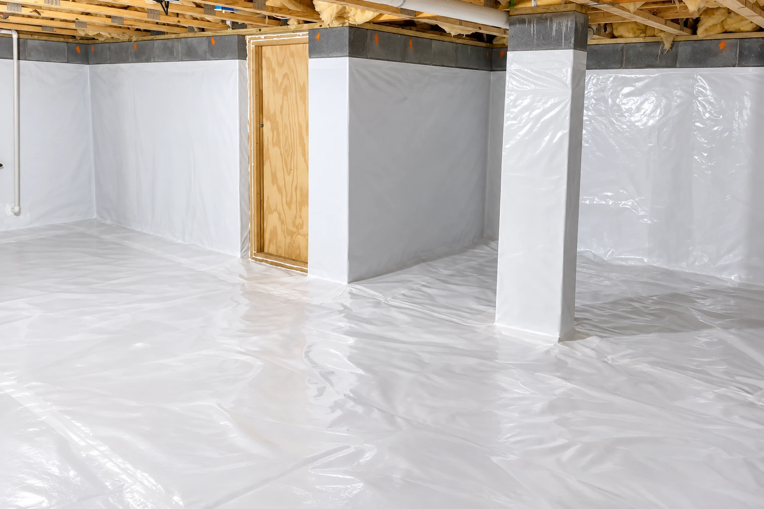 Crawl space lined with white plastic vapor barrier across its walls and floor around a wooden access door and support column.
