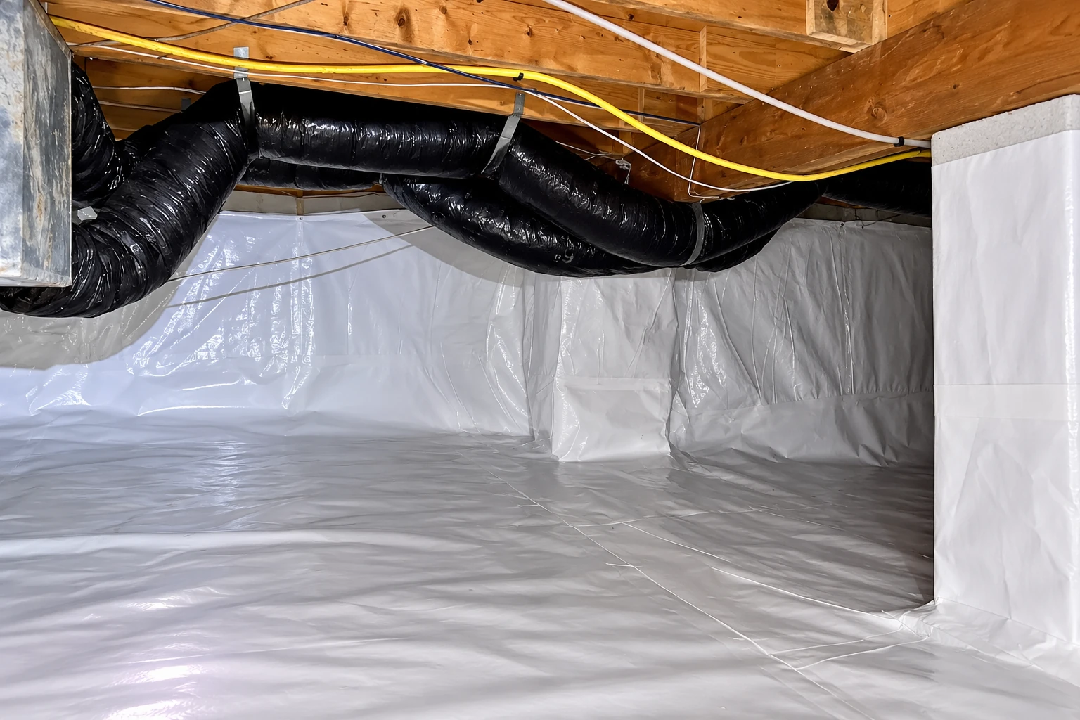 A crawl space has a white plastic vapor barrier covering the floor and walls beneath black ducts and wooden joists.
