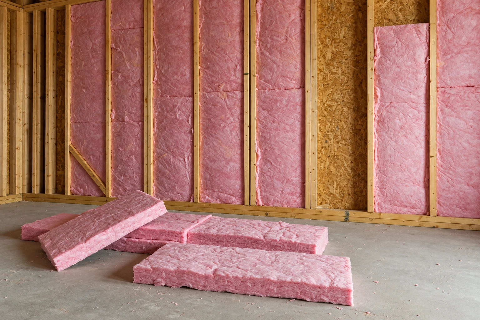 Pink fiberglass batts line the exposed wall framing, with additional insulation bundles stacked on the floor.