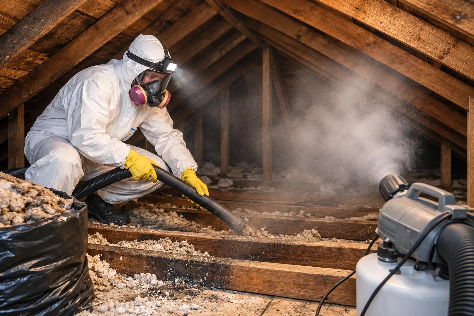 A worker in protective clothing vacuums loose attic insulation through a hose beside a collection machine.