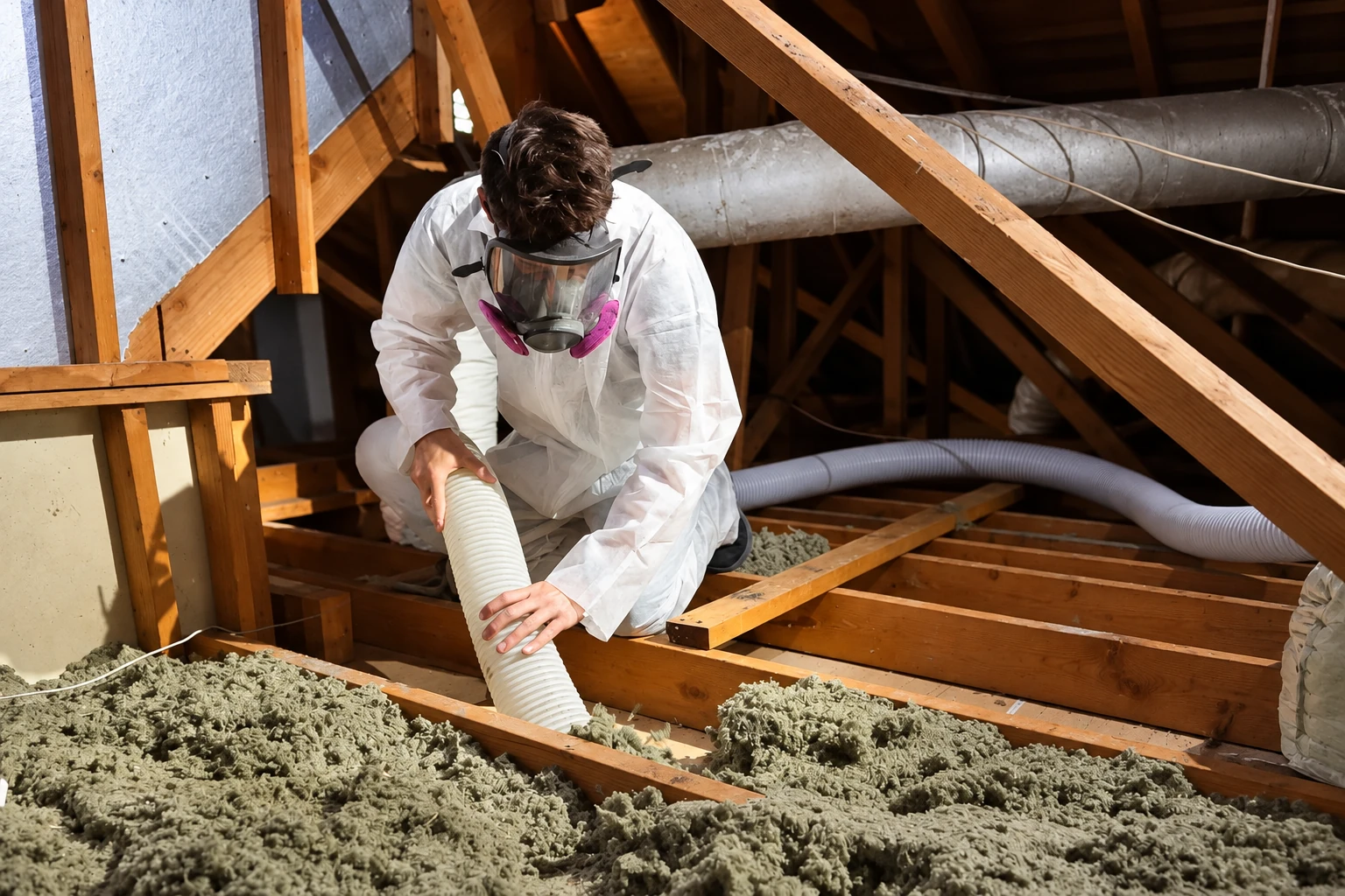 A worker in protective coveralls and a respirator handles a hose over loose attic insulation among exposed wooden beams.