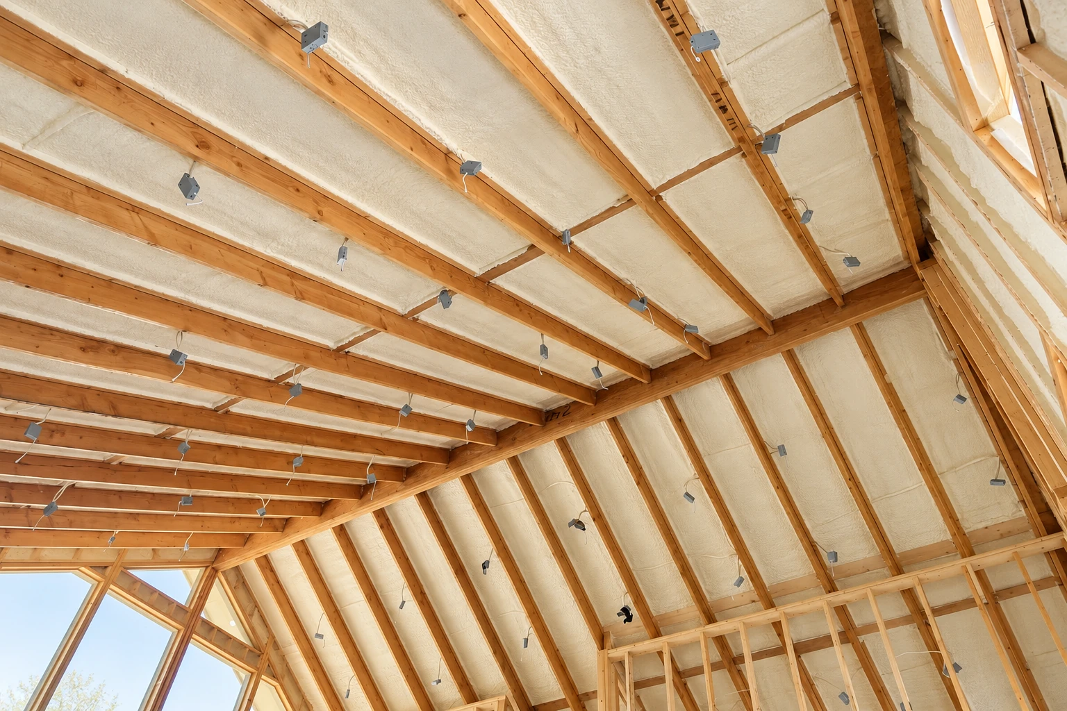 Open-cell foam insulation fills the exposed roof framing of a wooden home, with wires and metal brackets visible.