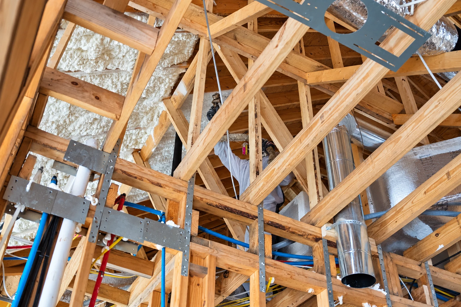 Spray foam insulation fills sections between exposed attic roof trusses, with a worker and metal ductwork nearby.