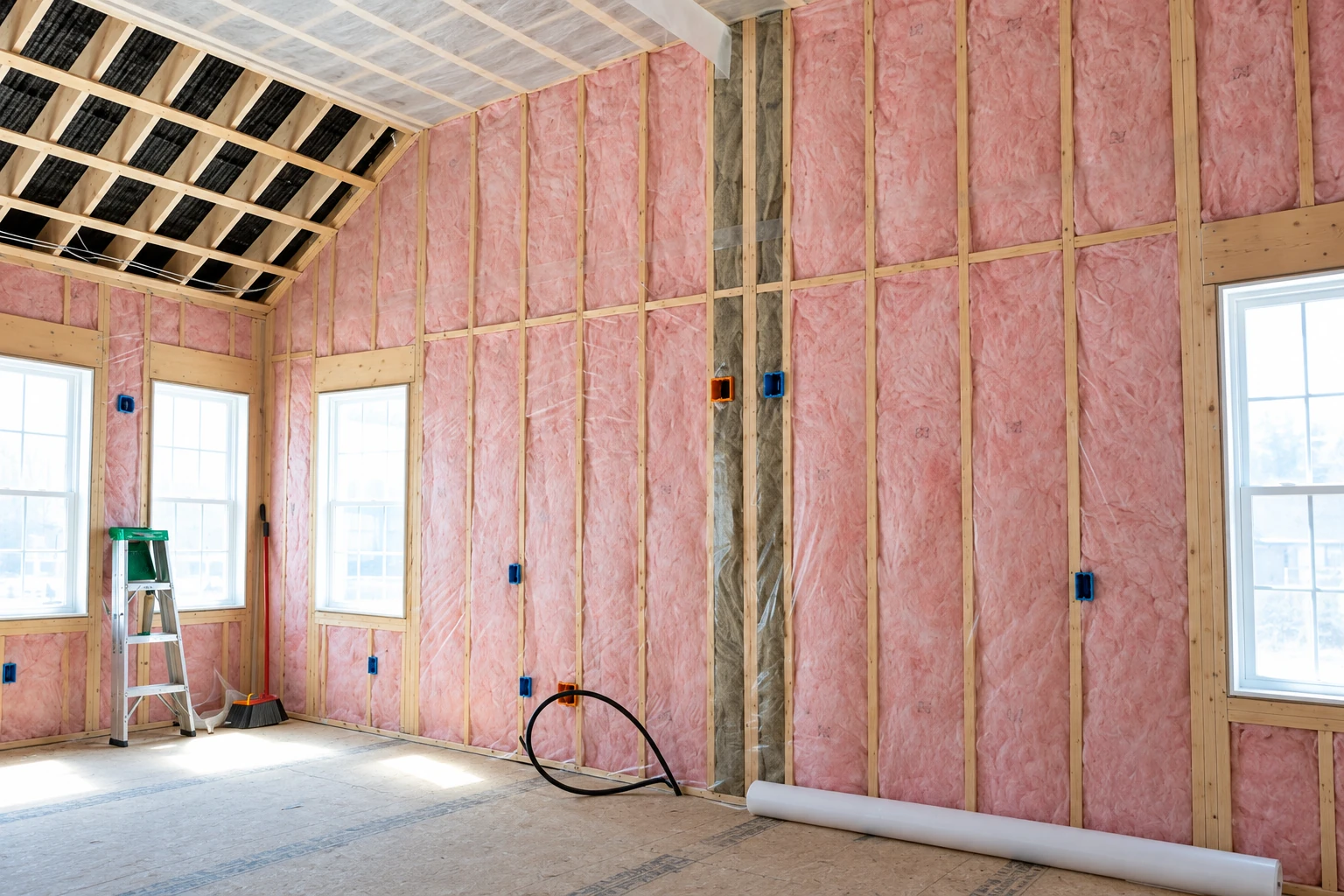 Unfinished room with pink fiberglass insulation fitted between wall studs and a roll of plastic sheeting on the floor.